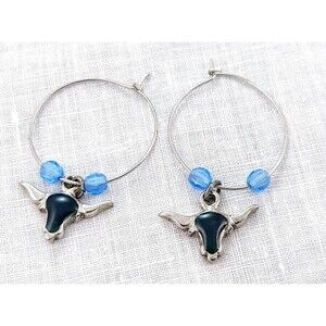 Western Longhorn Bull Head Hoop Earrings Silver Tone Blue Bead Boho Steer Skull